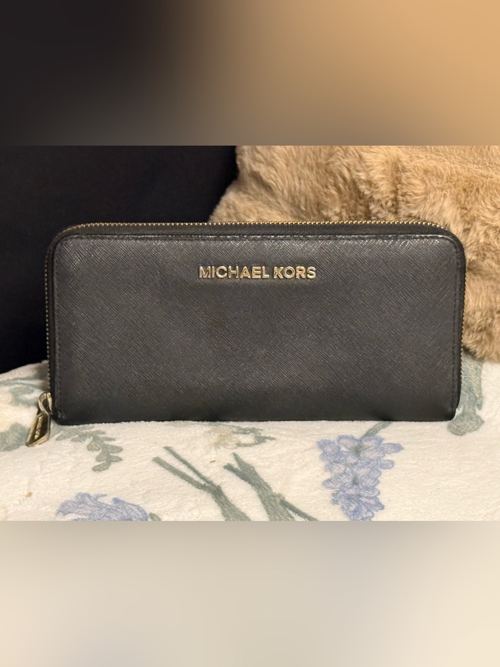 Michael Kors Black Leather Zip Wallet with Gold Logo